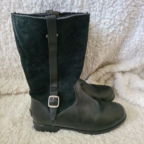 UGG Bellvue black leather sheepskin lined moto style‎ boots size 6 - Picture 1 of 12